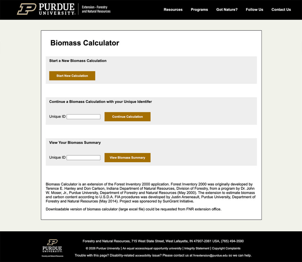 Screen capture of the Purdue Biomass Calculator website.